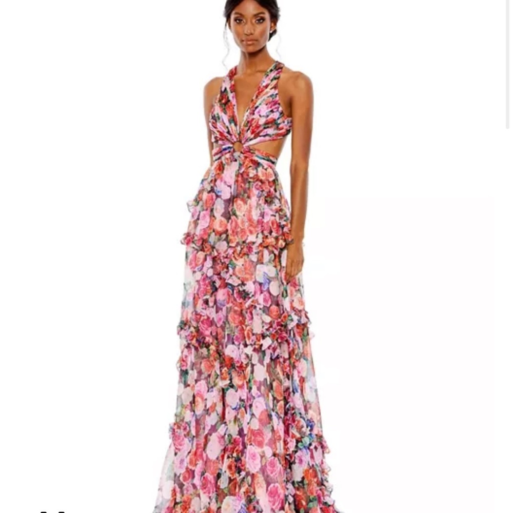 Mac Duggal Pink Floral Backless Maxi Dress